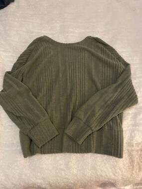 SHEIN Olive Green Ribbed Long Sleeve Surplice Criss Cross Back Sweater